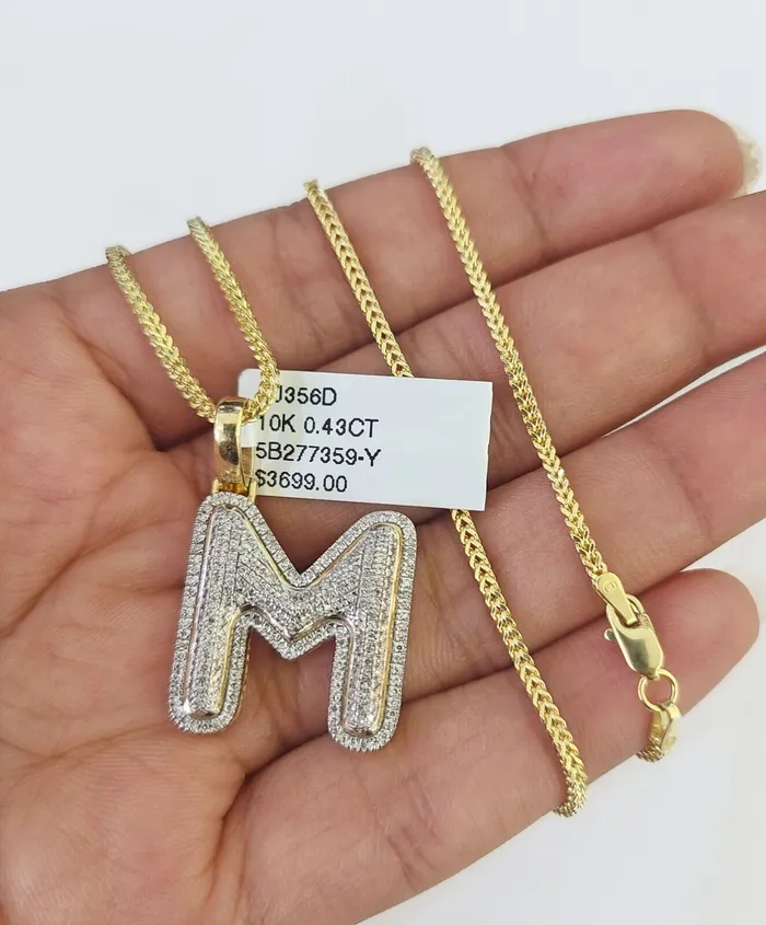 Gold and Diamond Necklaces 10K Franco Chain Diamond M Pendant Initial Charm Letter Necklace 1824 15mm
