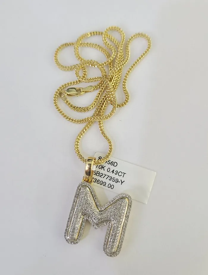 Gold and Diamond Necklaces 10K Franco Chain Diamond M Pendant Initial Charm Letter Necklace 1824 15mm