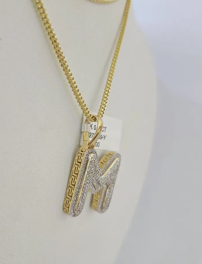 Gold and Diamond Necklaces 10K Franco Chain Diamond M Pendant Initial Charm Letter Necklace 1824 15mm