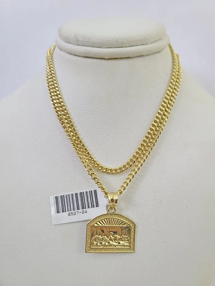 Gold and Diamond Necklaces 10K Gold Miami Cuban Chain Last Supper Charm 1828 3mm REAL Pendant Necklace Gold and Diamond Necklaces 10K Gold Miami Cuban Chain Last Supper Charm 1828 3mm REAL Pendant Necklace