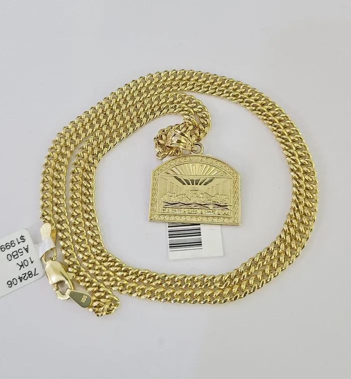 Gold and Diamond Necklaces 10K Gold Miami Cuban Chain Last Supper Charm 1828 3mm REAL Pendant Necklace