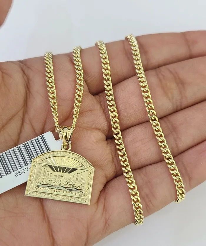 Gold and Diamond Necklaces 10K Gold Miami Cuban Chain Last Supper Charm 1828 3mm REAL Pendant Necklace