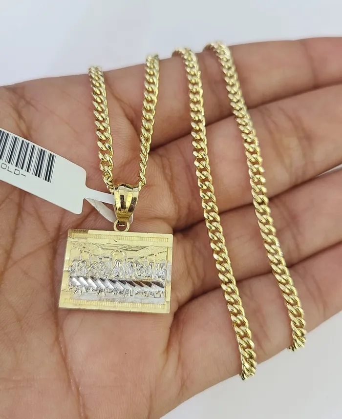 Gold and Diamond Necklaces 10K Gold Miami Cuban Chain Last Supper Charm 1828 3mm REAL Pendant Necklace