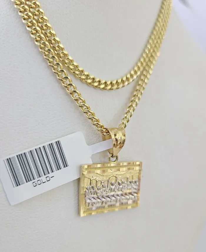 Gold and Diamond Necklaces 10K Gold Miami Cuban Chain Last Supper Charm 1828 3mm REAL Pendant Necklace