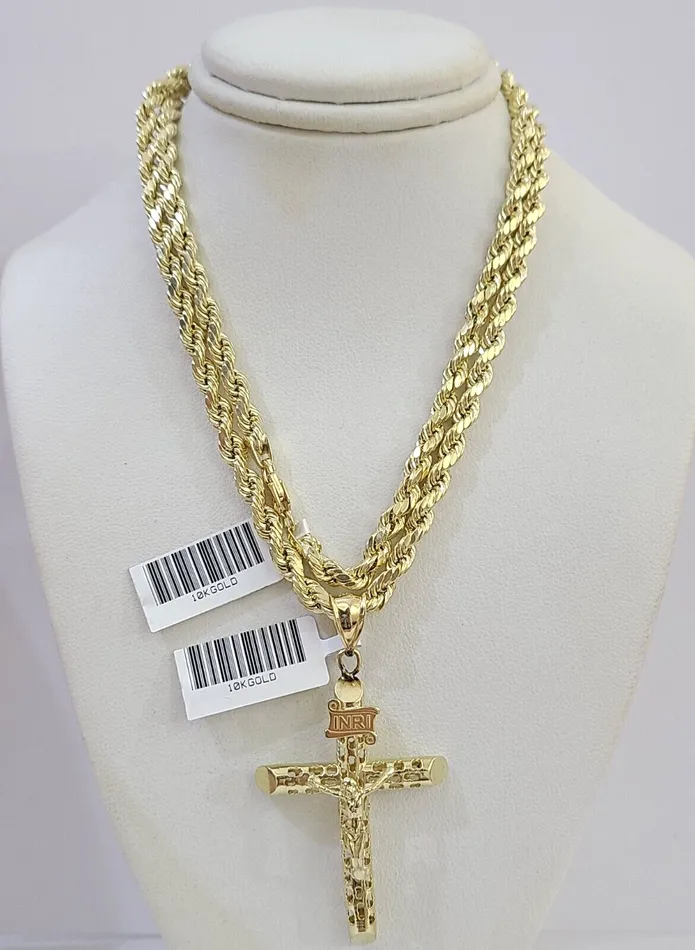 Gold and Diamond Necklaces 10k Gold Rope Chain Cross Charm Pendent SET 4mm 24 Inches Necklace Gold and Diamond Necklaces 10k Gold Rope Chain Cross Charm Pendent SET 4mm 24 Inches Necklace
