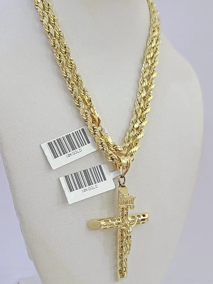 Gold and Diamond Necklaces 10k Gold Rope Chain Cross Charm Pendent SET 4mm 24 Inches Necklace