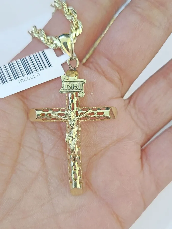 Gold and Diamond Necklaces 10k Gold Rope Chain Cross Charm Pendent SET 4mm 24 Inches Necklace