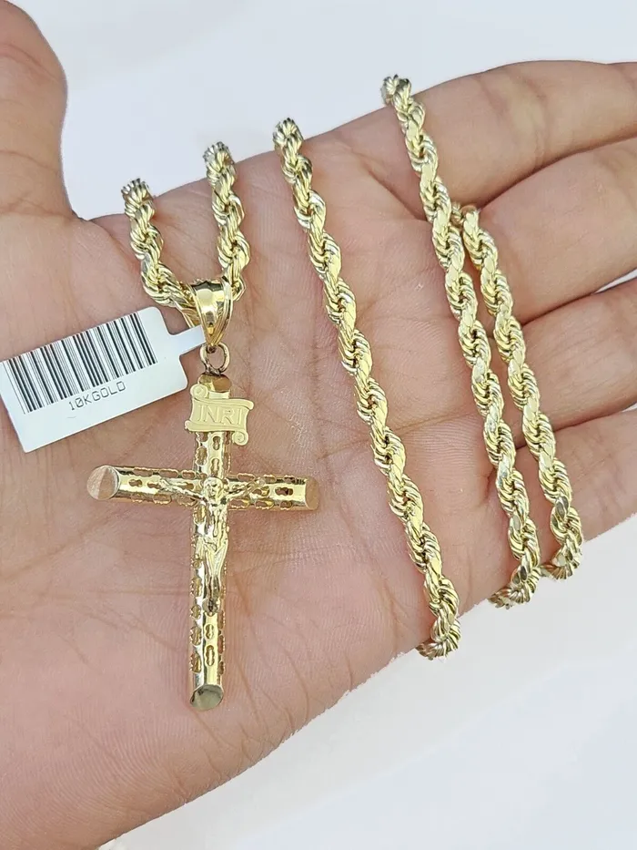 Gold and Diamond Necklaces 10k Gold Rope Chain Cross Charm Pendent SET 4mm 24 Inches Necklace
