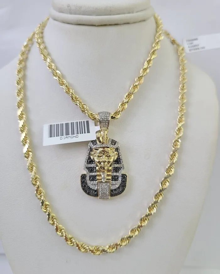 Gold and Diamond Necklaces 10k Solid Rope Chain Pharaoh Charm Diamond Set 4mm 2028 Necklace Gold Yellow Gold and Diamond Necklaces 10k Solid Rope Chain Pharaoh Charm Diamond Set 4mm 2028 Necklace Gold Yellow