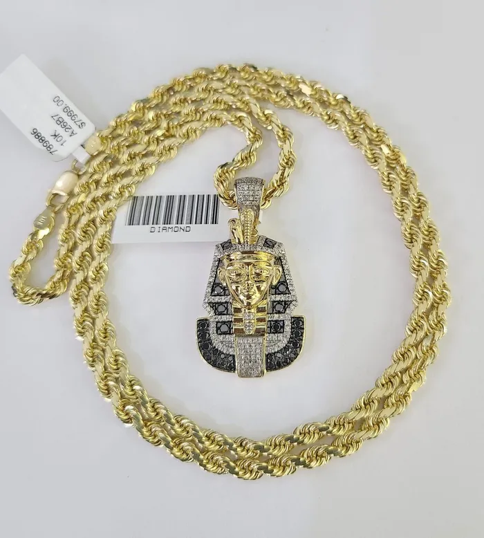 Gold and Diamond Necklaces 10k Solid Rope Chain Pharaoh Charm Diamond Set 4mm 2028 Necklace Gold Yellow