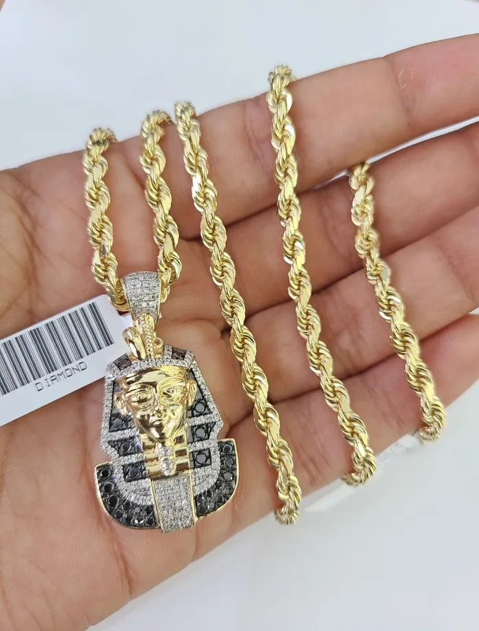Gold and Diamond Necklaces 10k Solid Rope Chain Pharaoh Charm Diamond Set 4mm 2028 Necklace Gold Yellow