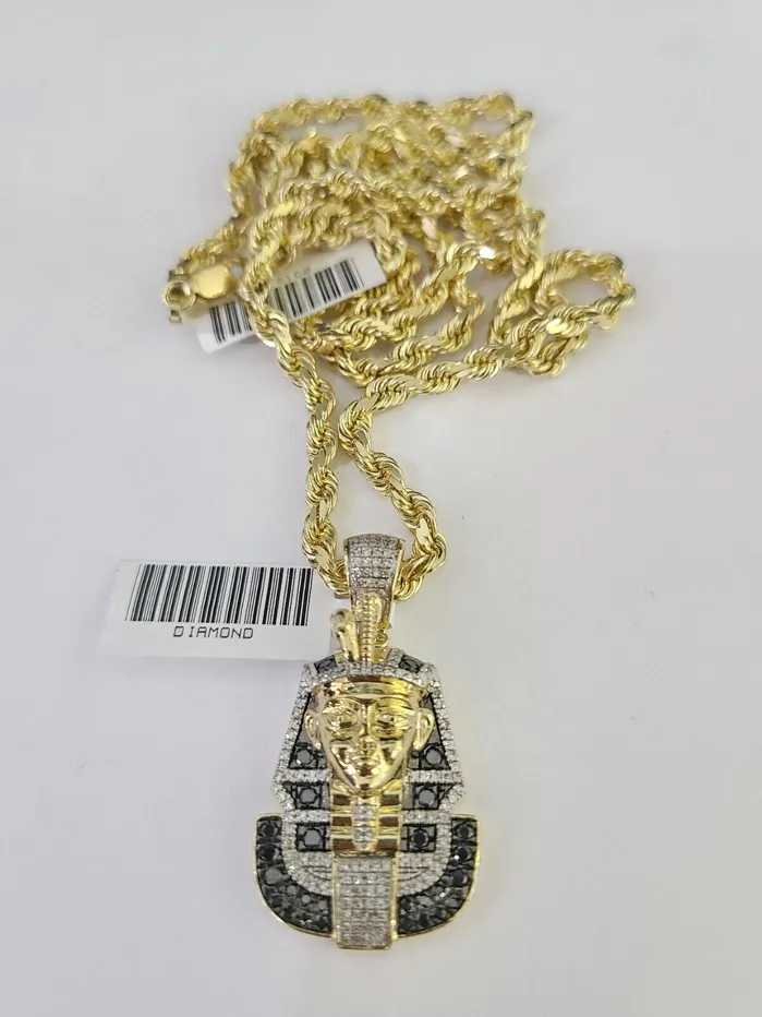 Gold and Diamond Necklaces 10k Solid Rope Chain Pharaoh Charm Diamond Set 4mm 2028 Necklace Gold Yellow