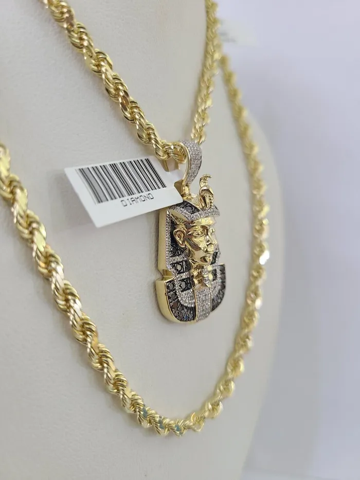 Gold and Diamond Necklaces 10k Solid Rope Chain Pharaoh Charm Diamond Set 4mm 2028 Necklace Gold Yellow