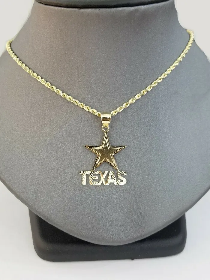 Gold and Diamond Necklaces 10k Yellow Gold Texas Star Charm Diamond Cut Pendant Men Women Real