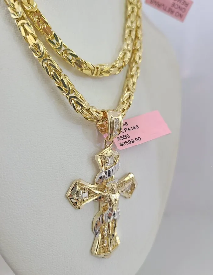 Gold and Diamond Necklaces 14K Gold Necklace Chain Jesus Spiral Cross Charm Turkish Byzantine 4mm 24