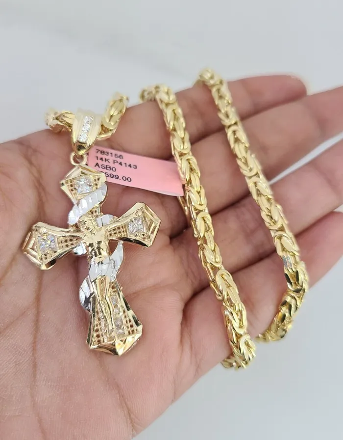Gold and Diamond Necklaces 14K Gold Necklace Chain Jesus Spiral Cross Charm Turkish Byzantine 4mm 24
