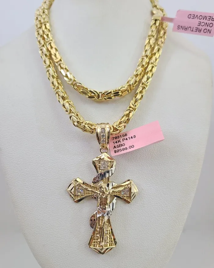 Gold and Diamond Necklaces 14K Gold Necklace Chain Jesus Spiral Cross Charm Turkish Byzantine 4mm 24