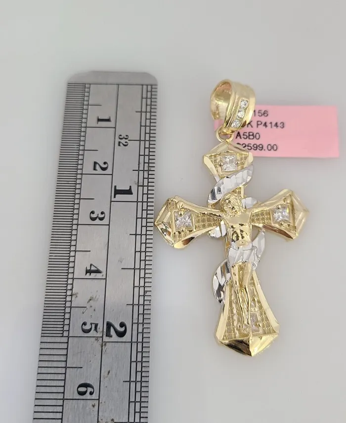 Gold and Diamond Necklaces 14K Gold Necklace Chain Jesus Spiral Cross Charm Turkish Byzantine 4mm 24