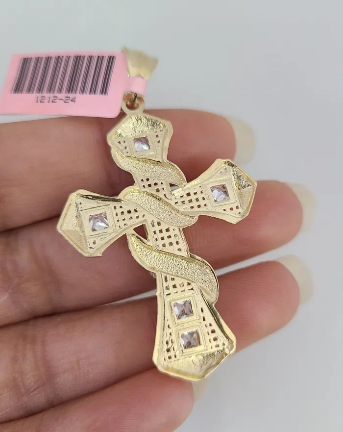 Gold and Diamond Necklaces 14K Gold Necklace Chain Jesus Spiral Cross Charm Turkish Byzantine 4mm 24