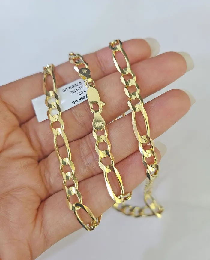 Gold and Diamond Necklaces Solid 10k Yellow Gold Figaro Link Chain 5mm 24 Men Women REAL Genuine