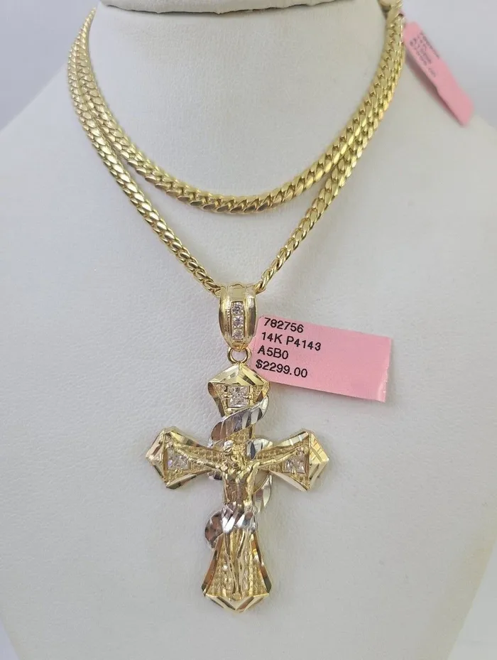 Gold and Diamond Real 14k Solid Chain Cross Charm Set Miami Cuban Link 3mm Necklace Pendant Gold Necklaces Gold and Diamond Real 14k Solid Chain Cross Charm Set Miami Cuban Link 3mm Necklace Pendant Gold Necklaces