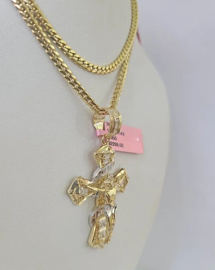 Gold and Diamond Real 14k Solid Chain Cross Charm Set Miami Cuban Link 3mm Necklace Pendant Gold Necklaces