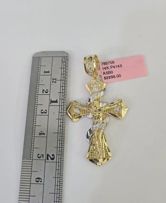 Gold and Diamond Real 14k Solid Chain Cross Charm Set Miami Cuban Link 3mm Necklace Pendant Gold Necklaces