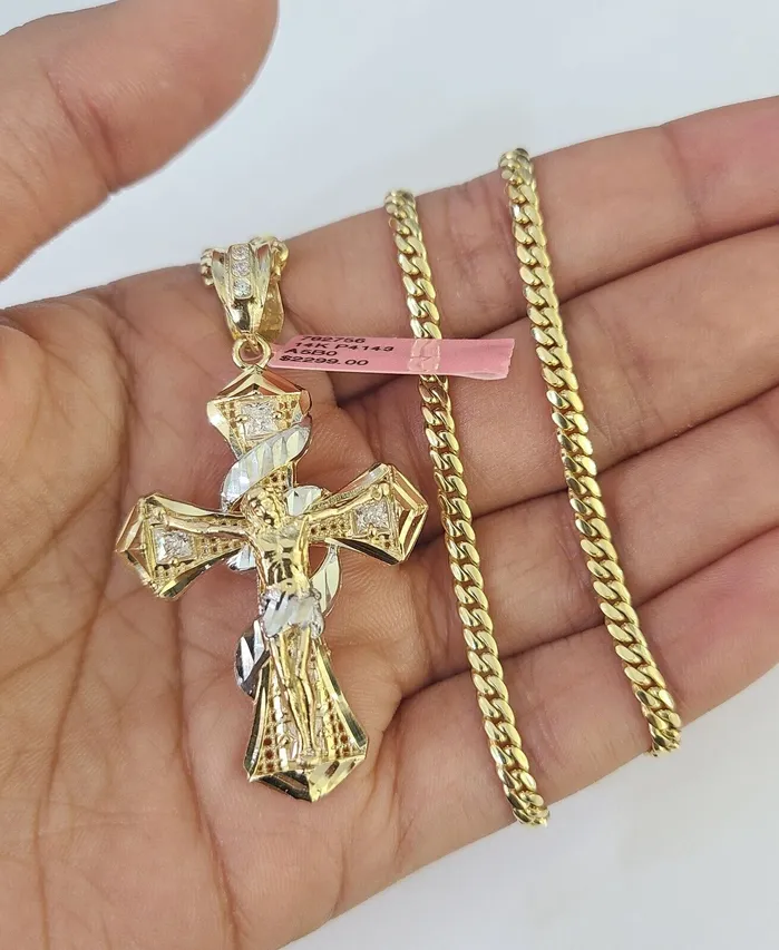 Gold and Diamond Real 14k Solid Chain Cross Charm Set Miami Cuban Link 3mm Necklace Pendant Gold Necklaces