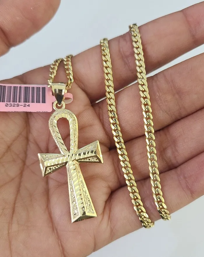 Gold and Diamond Real 14k Solid Chain Cross Charm Set Miami Cuban Link 3mm Necklace Pendant Gold Necklaces
