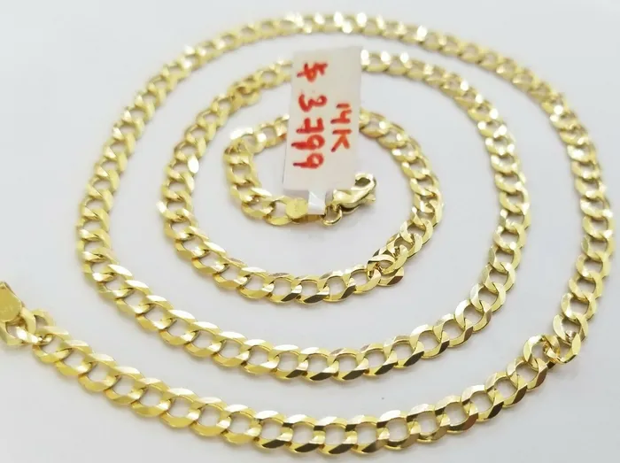 Gold and Diamond Solid REAL Yellow Gold 14k Cuban Curb Link necklace 22 inch gold chain 4mm 14kt Necklaces