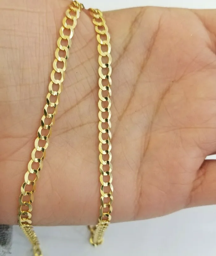 Gold and Diamond Solid REAL Yellow Gold 14k Cuban Curb Link necklace 22 inch gold chain 4mm 14kt Necklaces