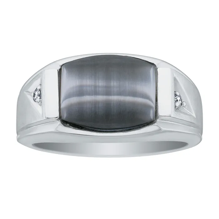 Independent Jewellers Rings 10kt White Gold Grey CatsEye and Diamond Mens Ring