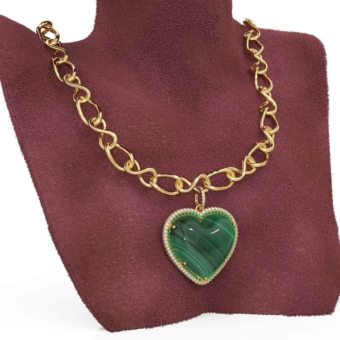 Jalvi Co Charm Necklaces 14K Solid Gold Diamonds Emeralds Malachite Jumbo Heart Charm Pendant Jalvi Co Charm Necklaces 14K Solid Gold Diamonds Emeralds Malachite Jumbo Heart Charm Pendant