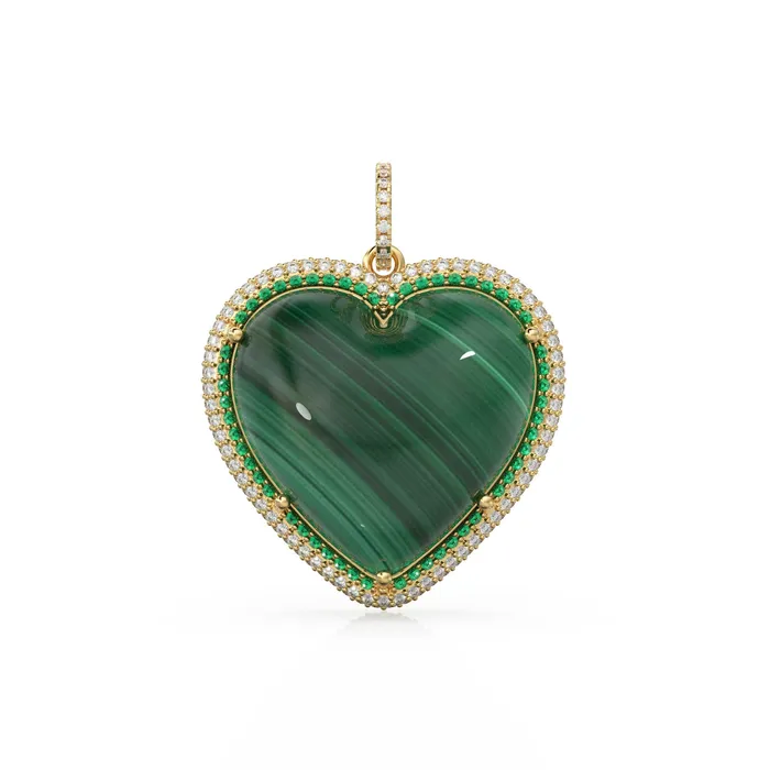 Jalvi Co Charm Necklaces 14K Solid Gold Diamonds Emeralds Malachite Jumbo Heart Charm Pendant Jalvi Co Charm Necklaces 14K Solid Gold Diamonds Emeralds Malachite Jumbo Heart Charm Pendant