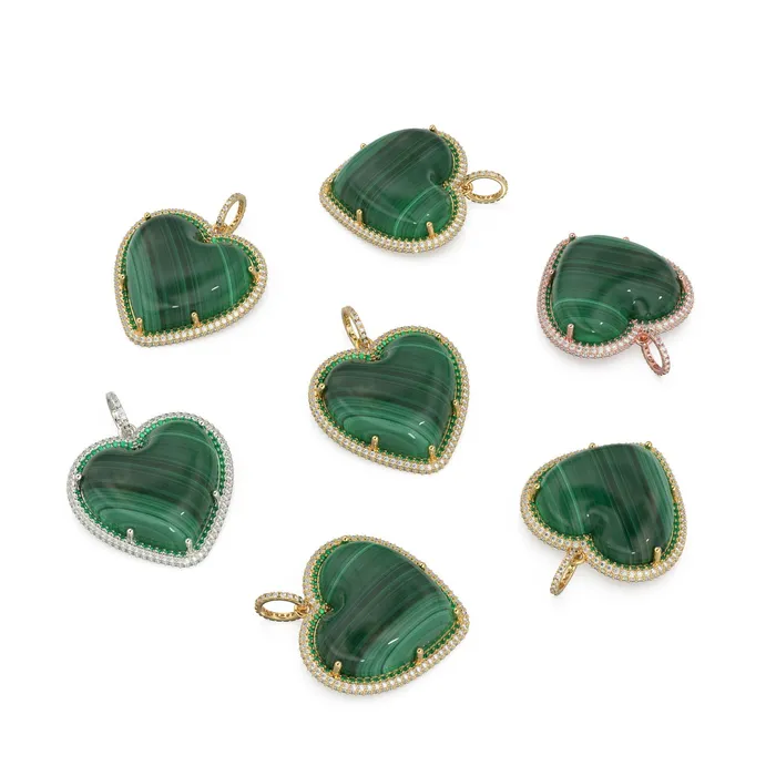 Jalvi Co Charm Necklaces 14K Solid Gold Diamonds Emeralds Malachite Jumbo Heart Charm Pendant Jalvi Co Charm Necklaces 14K Solid Gold Diamonds Emeralds Malachite Jumbo Heart Charm Pendant