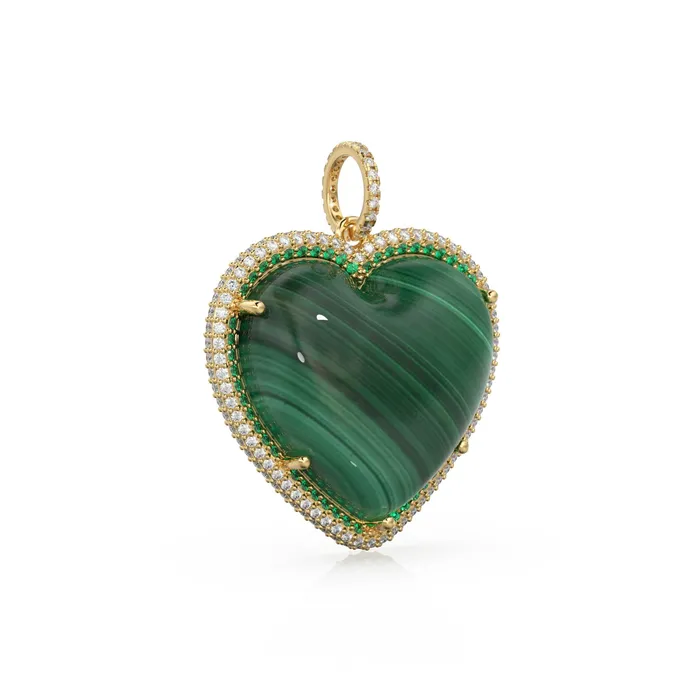 Jalvi Co Charm Necklaces 14K Solid Gold Diamonds Emeralds Malachite Jumbo Heart Charm Pendant Jalvi Co Charm Necklaces 14K Solid Gold Diamonds Emeralds Malachite Jumbo Heart Charm Pendant