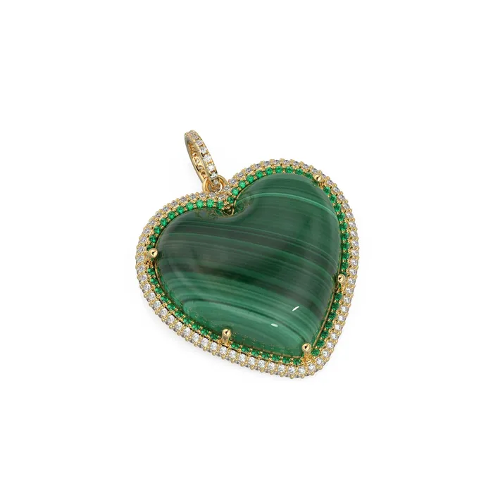 Jalvi Co Charm Necklaces 14K Solid Gold Diamonds Emeralds Malachite Jumbo Heart Charm Pendant Jalvi Co Charm Necklaces 14K Solid Gold Diamonds Emeralds Malachite Jumbo Heart Charm Pendant