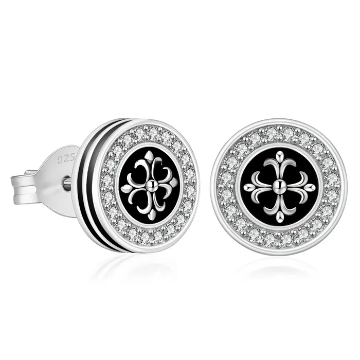 KRKC Earrings 9mm Black Iced Diamond Stud Earrings Cross Fleurdelis Lily flower KRKC Earrings 9mm Black Iced Diamond Stud Earrings Cross Fleurdelis Lily flower
