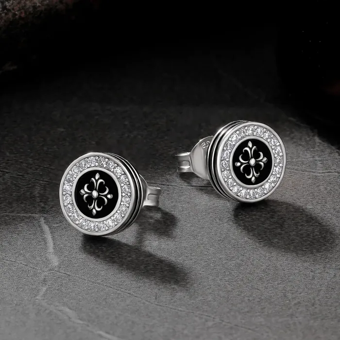 KRKC Earrings 9mm Black Iced Diamond Stud Earrings Cross Fleurdelis Lily flower