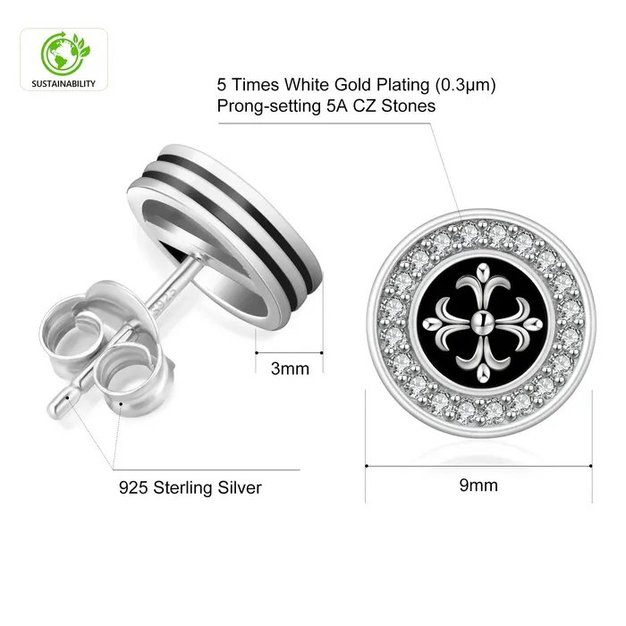 KRKC Earrings 9mm Black Iced Diamond Stud Earrings Cross Fleurdelis Lily flower
