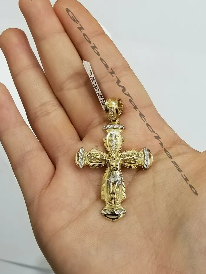 Men 10k Yellow Gold Jesus Cross pendant Charm Crucifix 2 Inch Diamond Cut REAL Gold and Diamond Necklaces