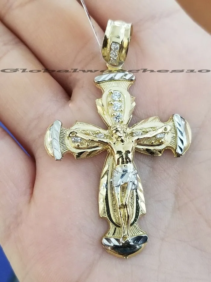 Men 10k Yellow Gold Jesus Cross pendant Charm Crucifix 2 Inch Diamond Cut REAL Gold and Diamond Necklaces