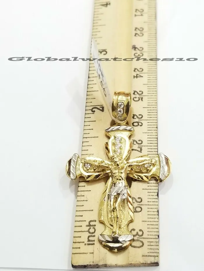 Men 10k Yellow Gold Jesus Cross pendant Charm Crucifix 2 Inch Diamond Cut REAL Gold and Diamond Necklaces