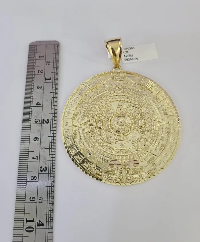 Necklaces 10K Franco Chain Mayan Calendar Pendant Charm Necklace 2026 5mm Gold SET Gold and Diamond