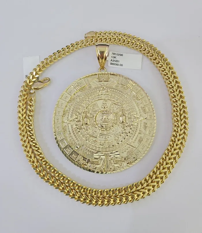 Necklaces 10K Franco Chain Mayan Calendar Pendant Charm Necklace 2026 5mm Gold SET Gold and Diamond