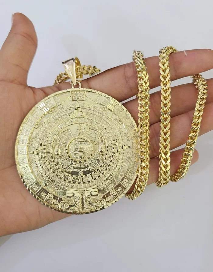Necklaces 10K Franco Chain Mayan Calendar Pendant Charm Necklace 2026 5mm Gold SET Gold and Diamond