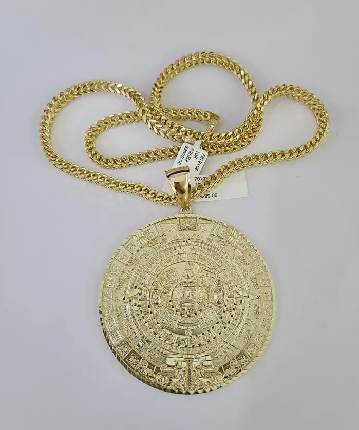 Necklaces 10K Franco Chain Mayan Calendar Pendant Charm Necklace 2026 5mm Gold SET Gold and Diamond
