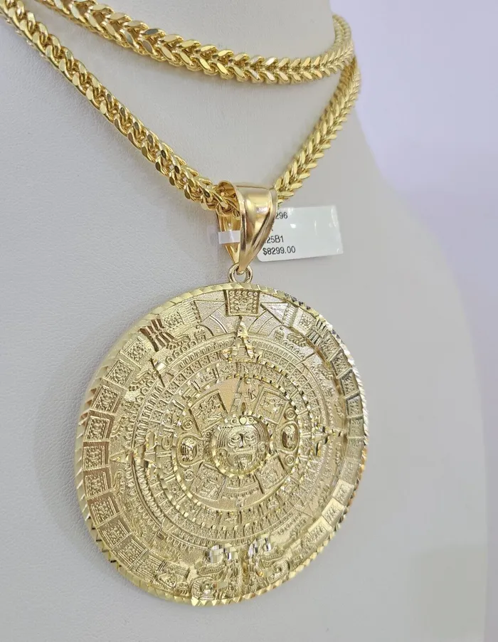 Necklaces 10K Franco Chain Mayan Calendar Pendant Charm Necklace 2026 5mm Gold SET Gold and Diamond