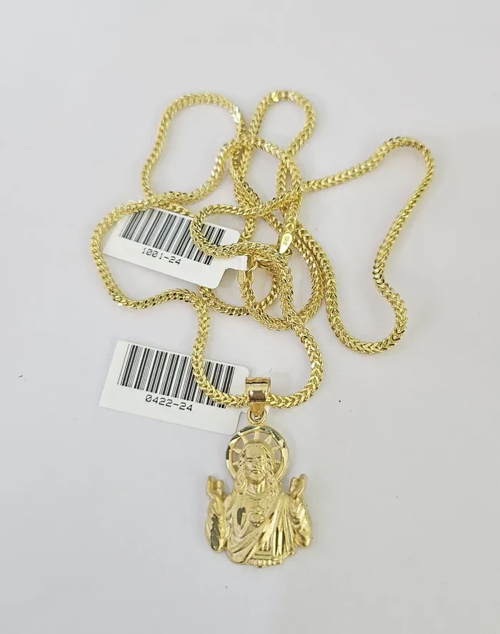Necklaces Gold and Diamond 10K Franco Chain Jesus Pendant Charm Necklace 1624 2mm Yellow Gold SET Necklaces Gold and Diamond 10K Franco Chain Jesus Pendant Charm Necklace 1624 2mm Yellow Gold SET