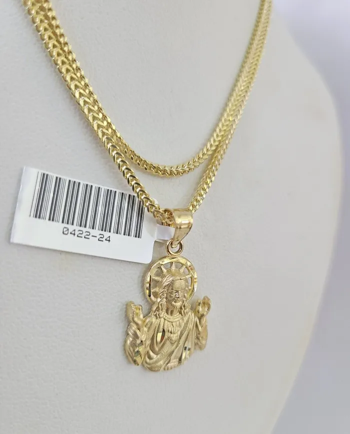 Necklaces Gold and Diamond 10K Franco Chain Jesus Pendant Charm Necklace 1624 2mm Yellow Gold SET